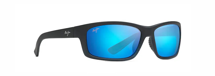 Maui Jim Kanaio Coast Polarised Sunglasses Matte Translucent Blue Black with Stripe Blue Hawaii Lenses